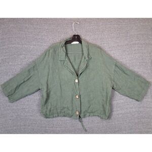 Woolovers Womens Shirt 14 Green 100% Linen Button Up Crop Drawstring Boxy Resort